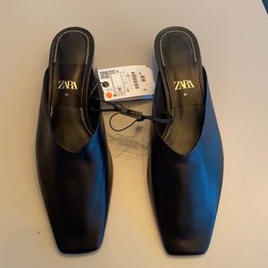 NWT Zara square toe leather mules